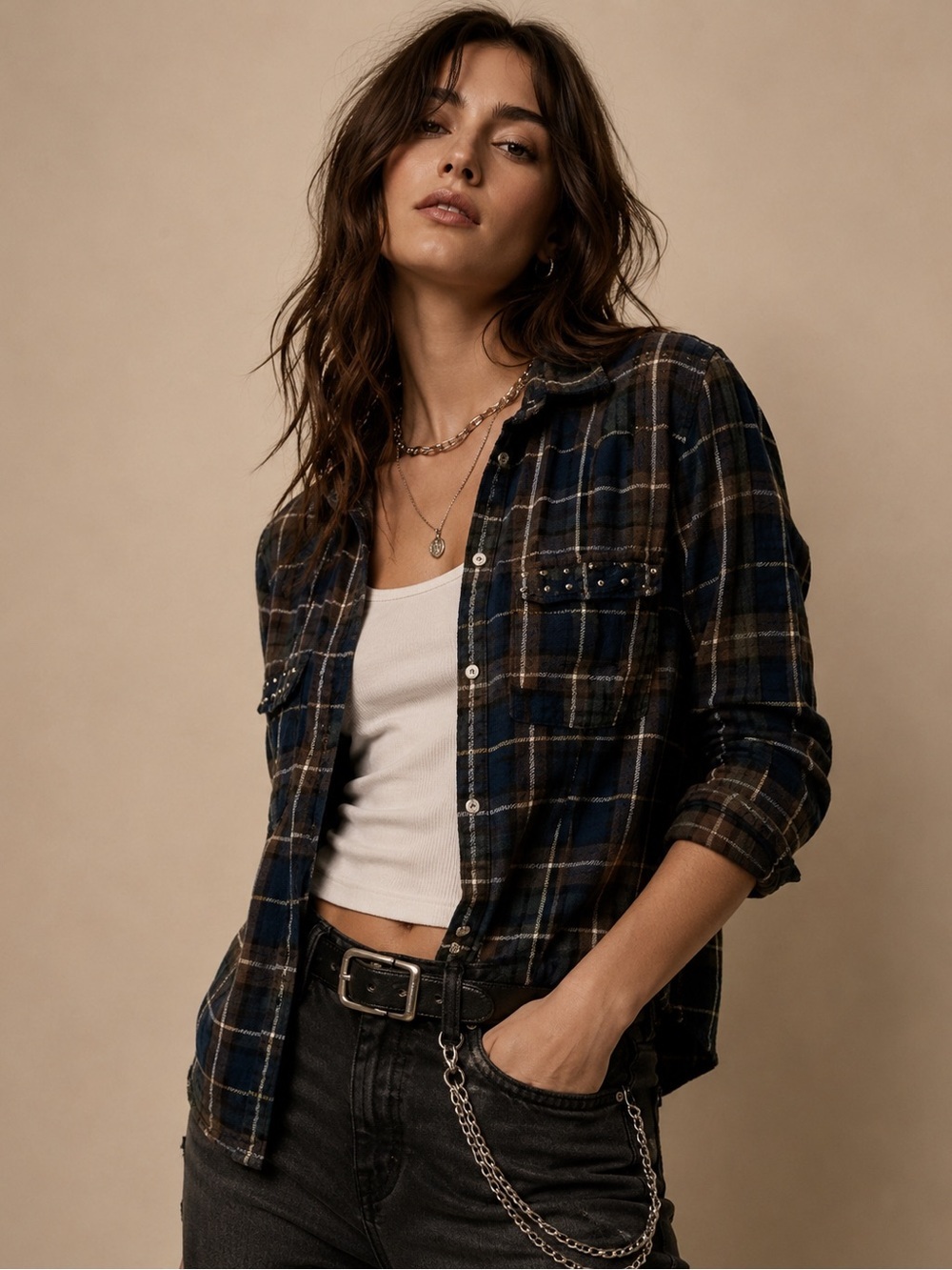 Fde la Passion Studded Plaid Flannel Shirt | Edgy Grunge Button Down M